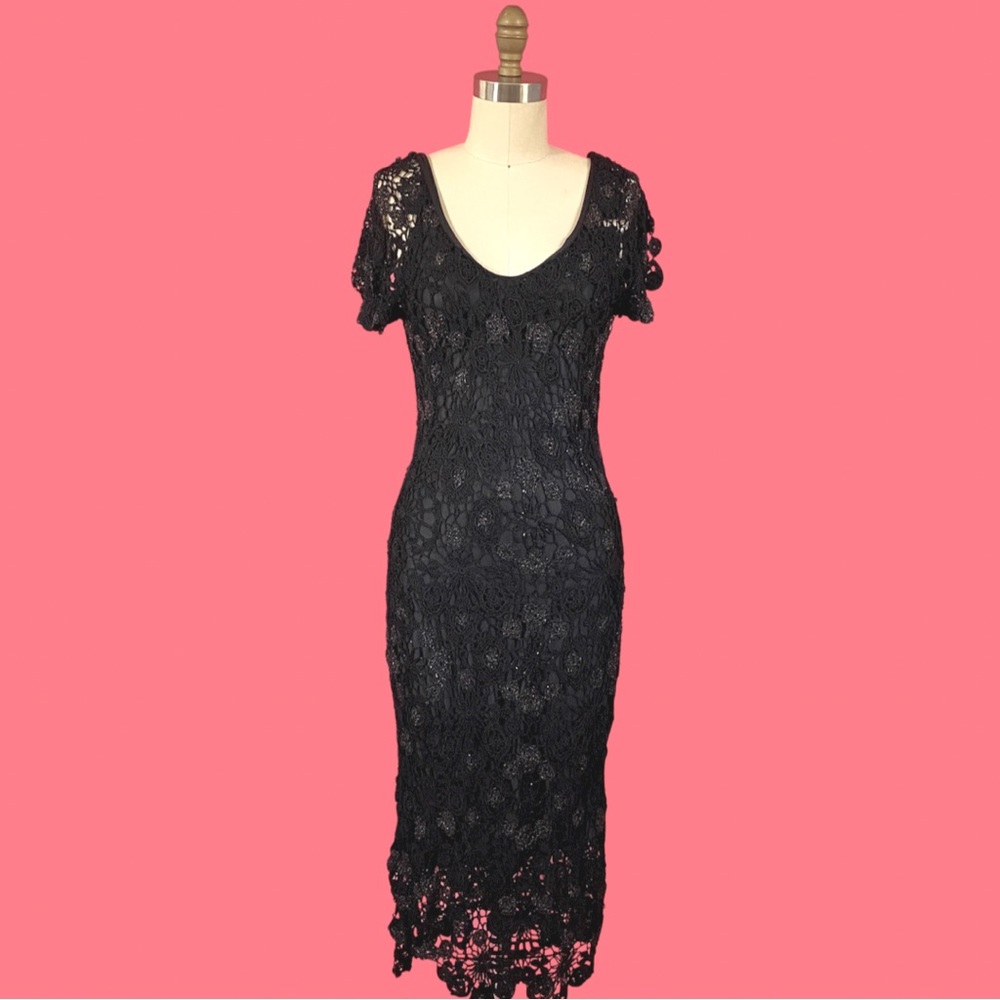 Vintage Y2K Witchy Vibes GothCore Crochet Beaded Stretch Lace Column Dress ~S
